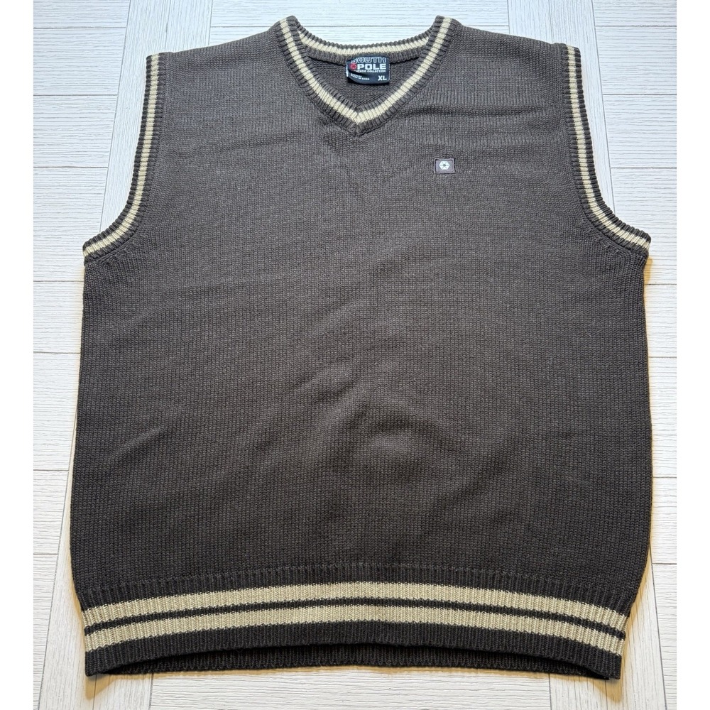 Southpole Men's sweater vest chocolate brown with tan stripe V Neck Sz XL Preppy